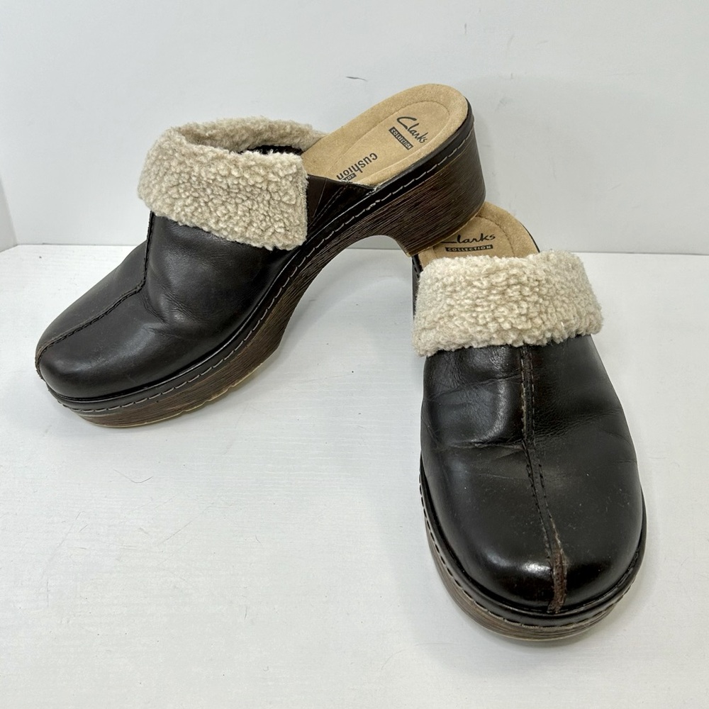 Clarks Preslet Grove Dark Brown Leather Shoe Women's Clog Mule Shoes Size 7.5